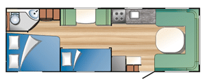 Polar 800 CTX BK avskild sängkammare med dubbelsäng och toa längst bak samt central våningssäng.