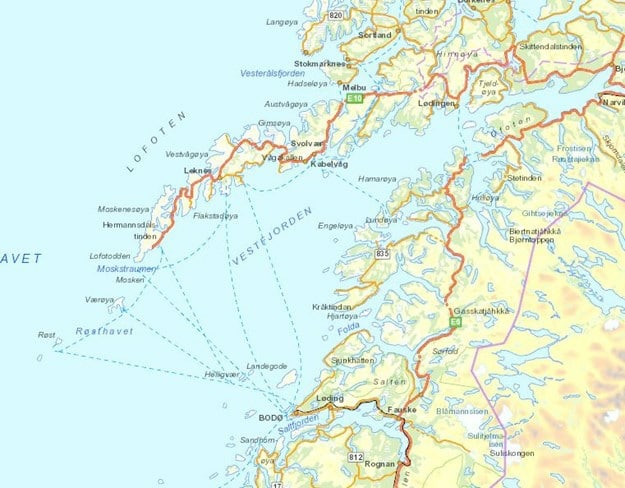 Huvudöarna på Lofoten är Austvågøy, Gimsøy, Vestvågøy, Flakstadøy och Moskenesøy. Söderut ligger de mindre och isolerade öarna Værøy och Røst. 